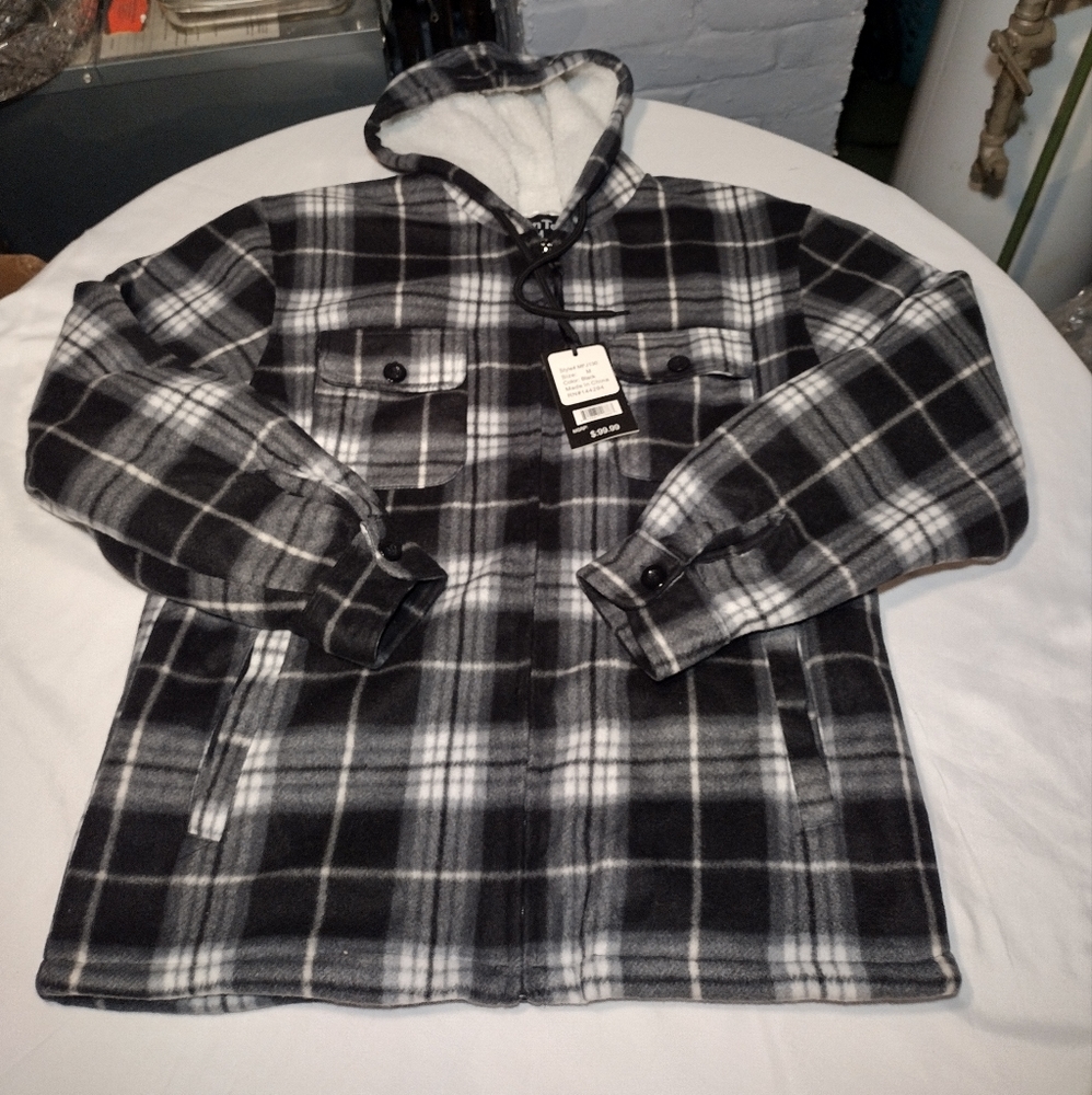 Hanton Black and White Plaid Fleece Sherpa Lined Zippered Hooded Jacket